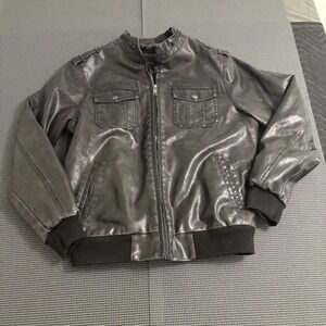 Structure Mens Faux Leather Sherpa Lined Bomber Jacket Black Large Epaulets Zip